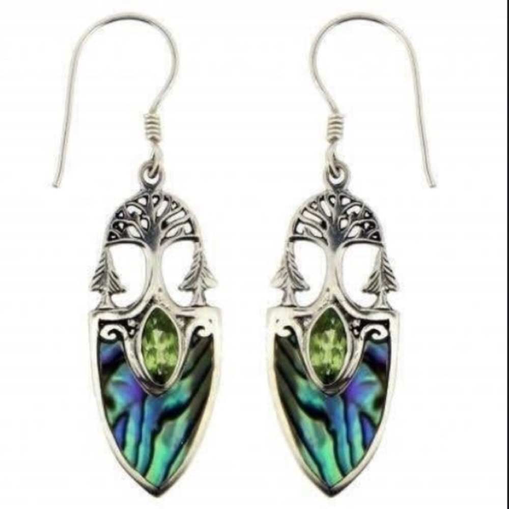 Tree Abalone Drop Green Crystal Earrings